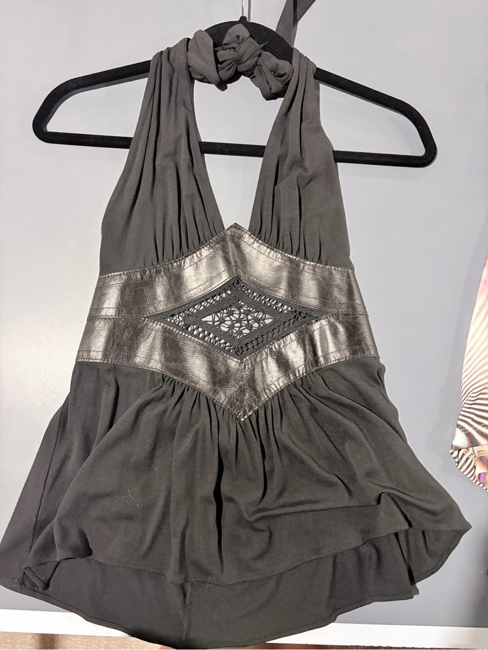Rare Y2K Ingwa Melero Black Metallic Leather Crochet Halter Top